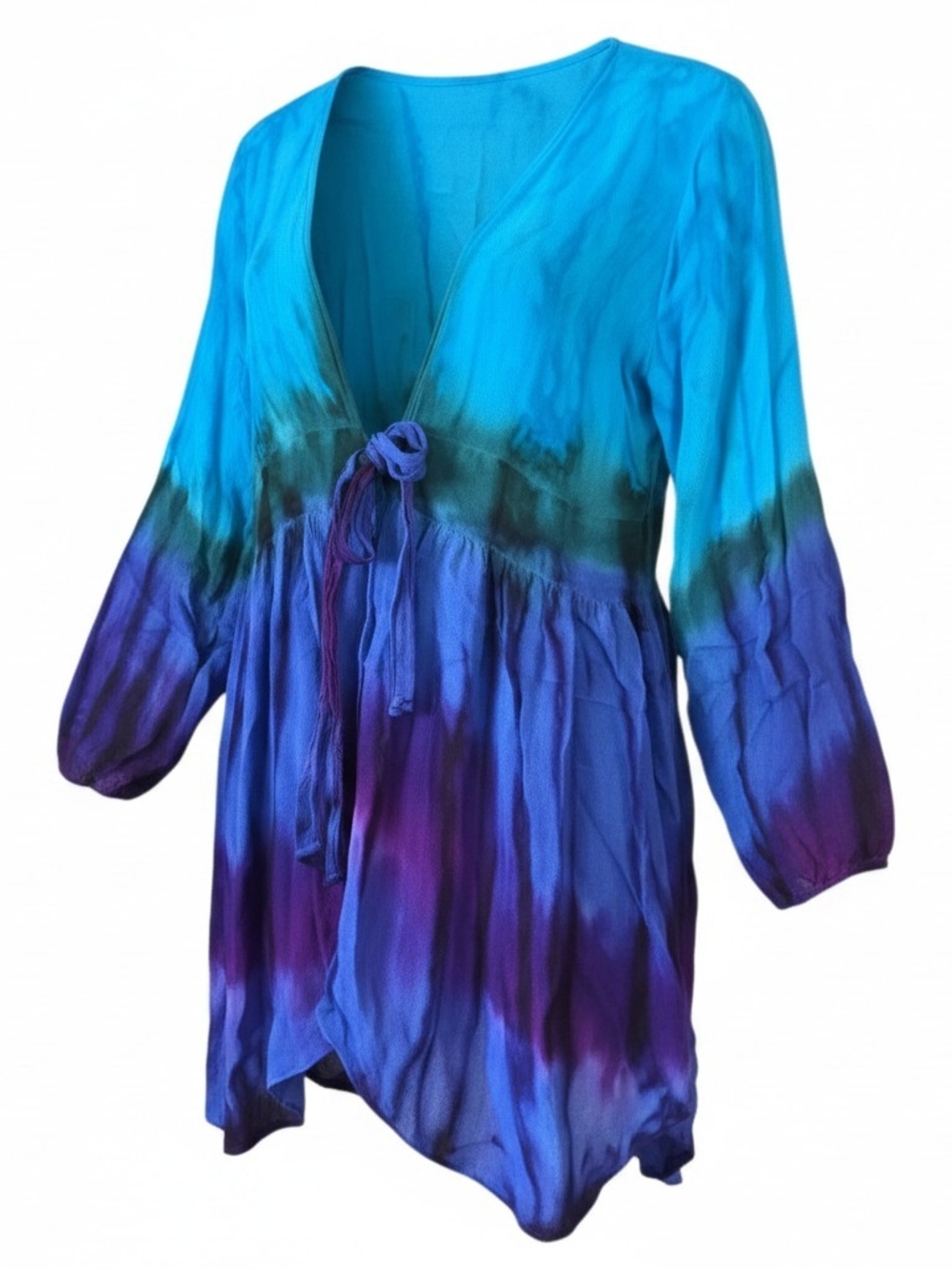 THE PYRAMID COLLECTION | Tie Dye Rayon Kimono Cardigan Sharkbite Hem Top | L
